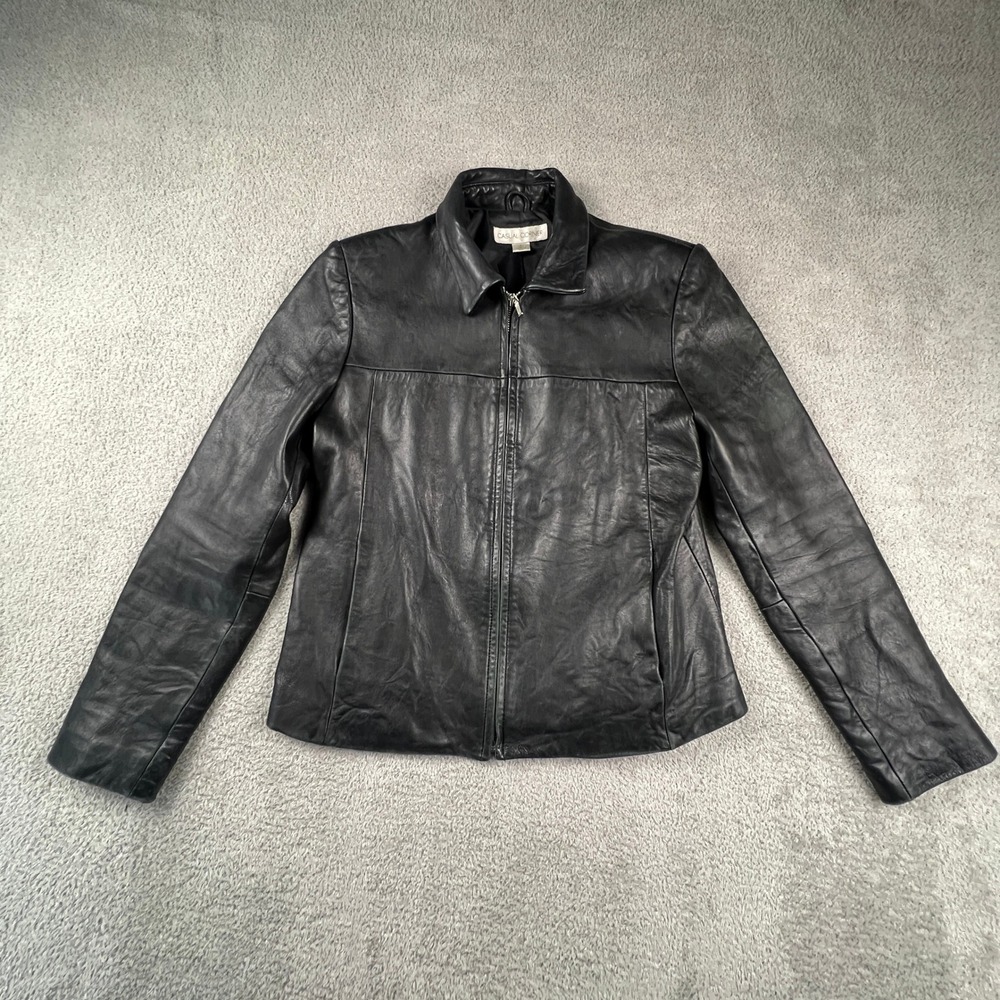 Genuine Leather‎ Jacket Womens Medium Black Zip Up Moto Casual Corner